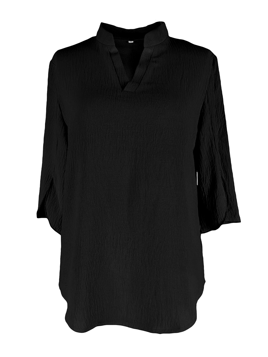 Chemisier chic noir pour femme à manches 3/4, col en V, manches cloche fendues, coupe ample et décontractée, texturé, élégant pour le travail ou le quotidien