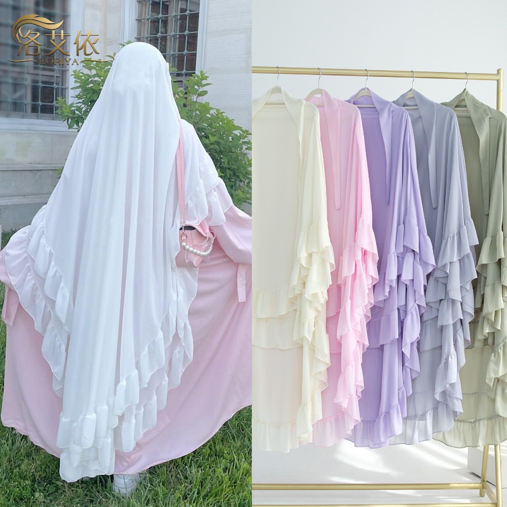 Classic Long Chiffon Muslim Abaya Headscarf One-piece Ramadan Khimar Abaya Solid Color Prayer Dress Dubai Saudi Black Robe