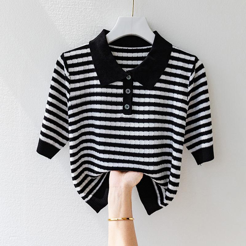 Pull à manches mi-longues en soie glacée pour femme, haut d'été à revers court rayé, à la mode, haut de gamme, Polo
