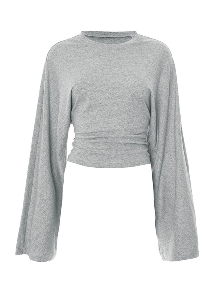T-Shirt slim à manches longues et col rond pour femme, haut court monochromatique, décontracté, Streetwear Y2K, pull à la mode, tenue d'été