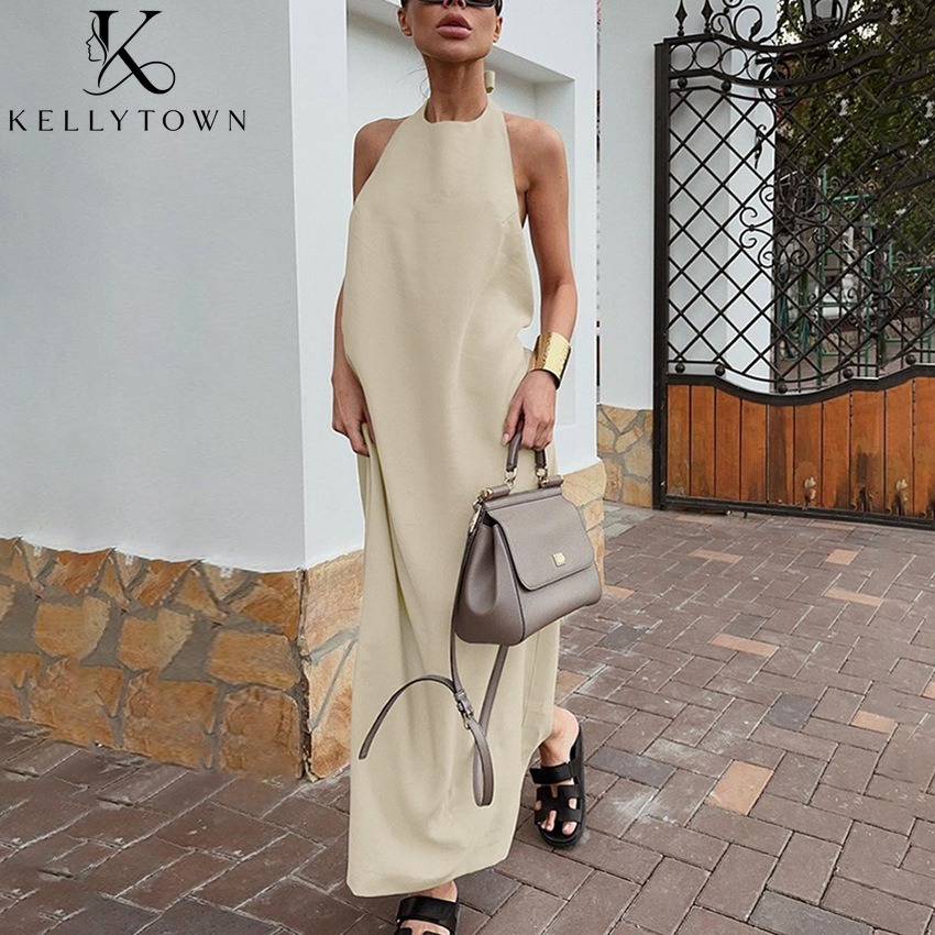 Robe longue d'été en coton et lin kaki pour femme, style français décontracté, dos nu, coupe trapèze ample, sans manches