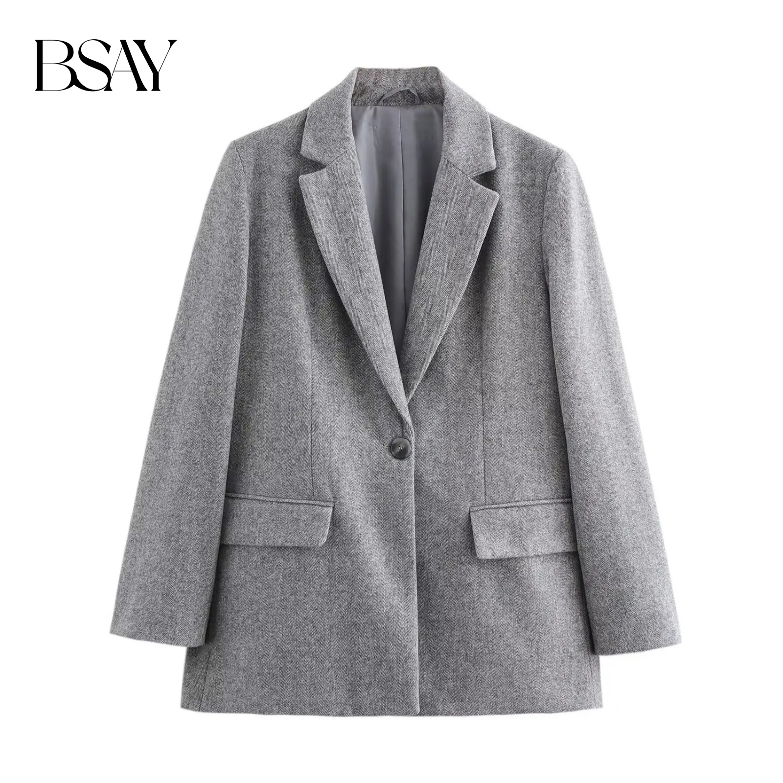 BSAY laine mélange costumes veste pour femmes mode automne à manches longues simple boucle décontracté femme rabat poche Blazers costume manteau