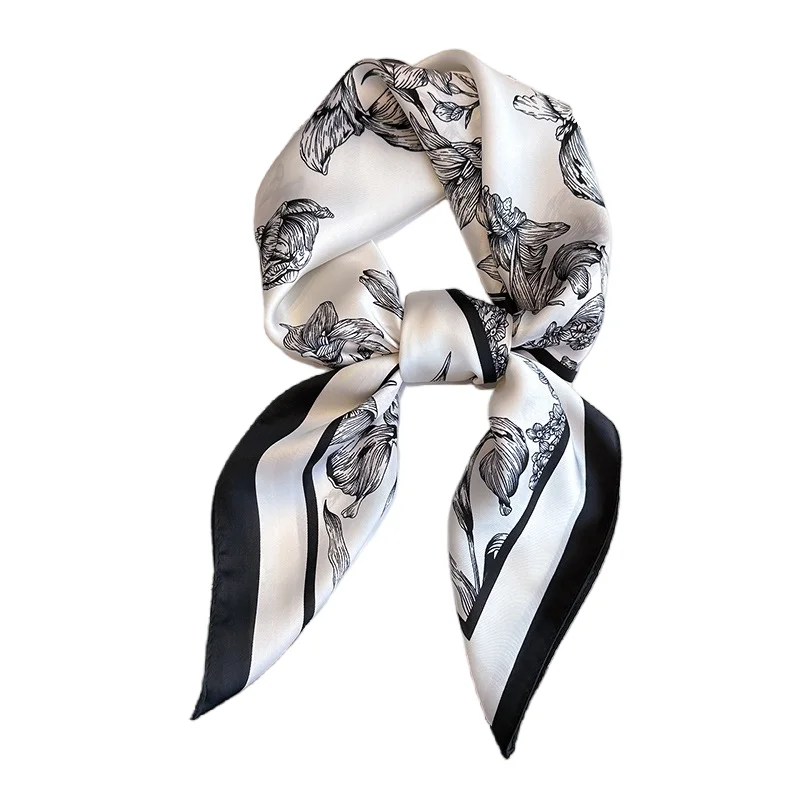 Foulard Carré à Imprimé Floral de Luxe pour Femme, 70x70cm, Bandeau de Cheveux, Ruban de Tête, Hijab, Bandeau de Sauna, Satin Doux