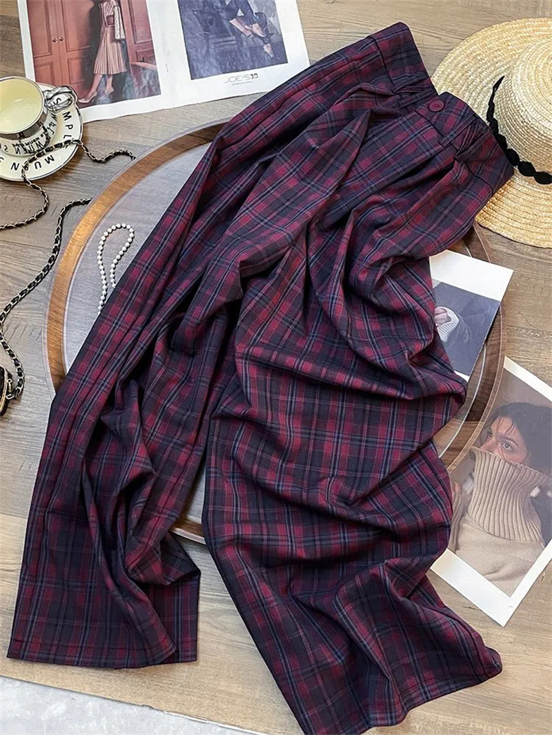 Pantalon long décontracté élégant pour femme, coupe droite ample et fine, à carreaux, taille élastique, style coréen DCABT, printemps-automne, pour le travail 363A