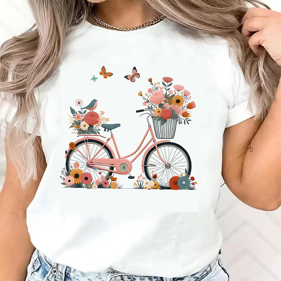 Papillon Floral avec vélo imprimé T-Shirt style décontracté imprimé graphique col rond T-Shirt printemps été
