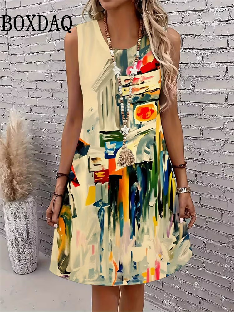 Robe d'été 2026 pour femme, motif chat abstrait, sans manches, ample, décontractée, imprimé graffiti 3D, grande taille