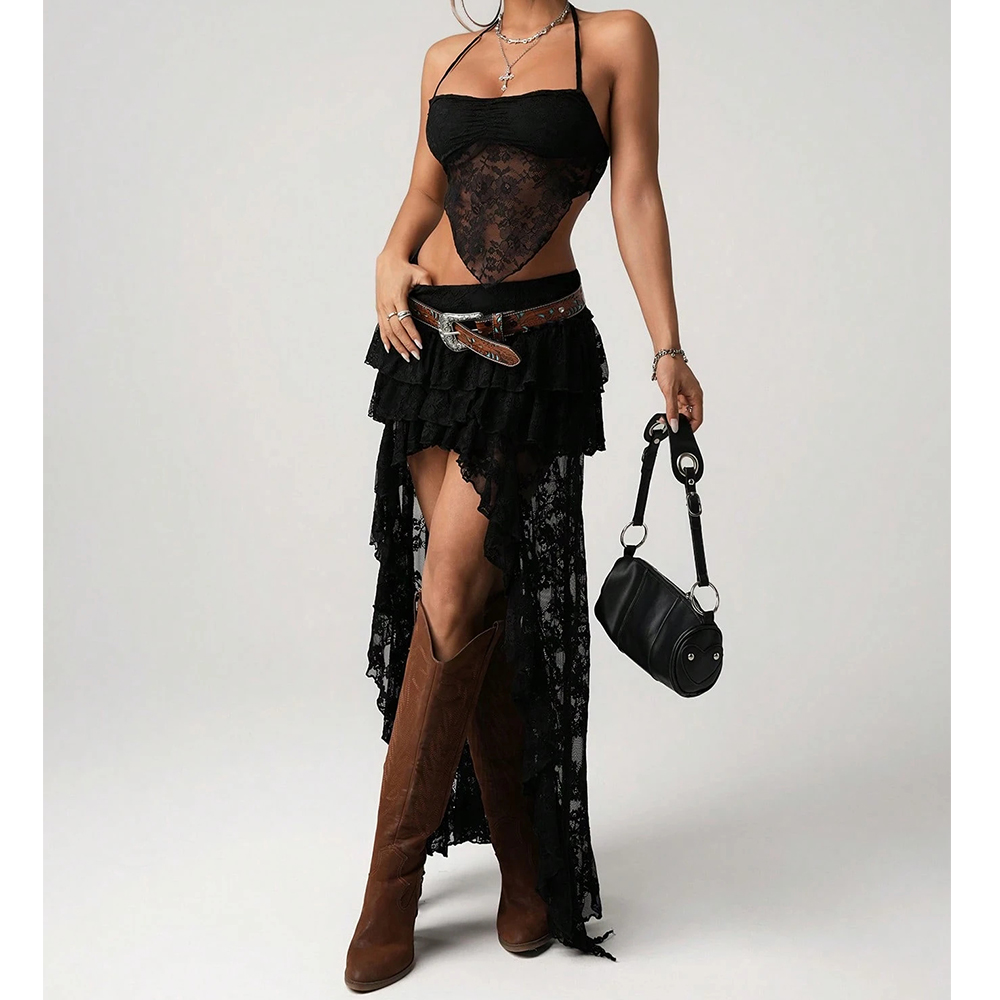 Femmes Vintage Sexy jupes ourlet irrégulier multi-couches volants dentelle Patchwork doux dame Boho maille transparente Maxi jupes Streetwear