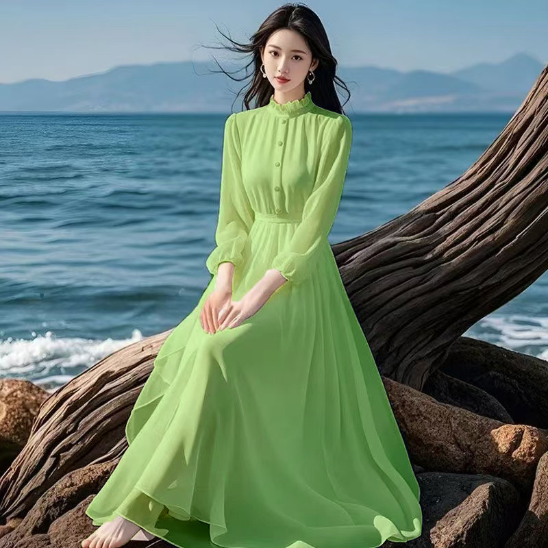 Printemps été femmes robe 2025 nouveau bohème plage longues robes en mousseline de soie dames élégantes manches longues robe d'été mince dames robes