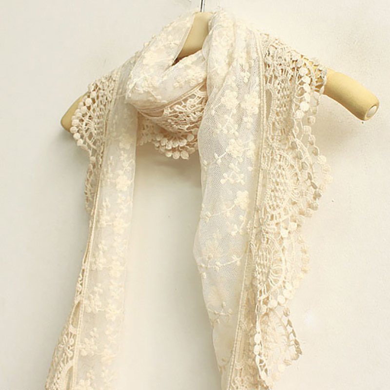 Nouveau élégant femmes longue écharpe broderie florale Crochet maille dentelle garniture châle foulards mode Lolita princesse doux Beige écharpe