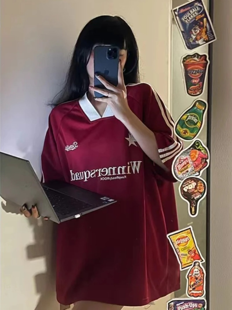 2025 surdimensionné Jersey T-shirt femmes été nouveau Vintage à manches courtes col en v ample hauts de sport Hip Hop Streetwear lettre t-shirts