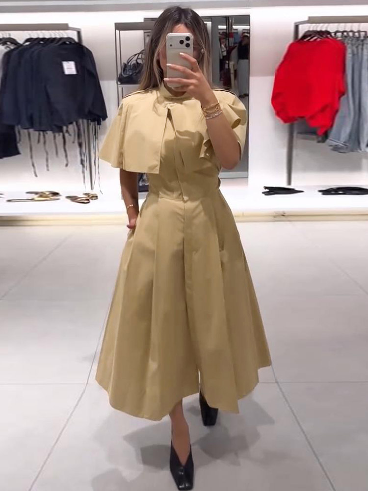 Robe midi chemise cape pour femme, style trench modeste, col montant, sans manches, à laçage à la taille, robes automne 2026