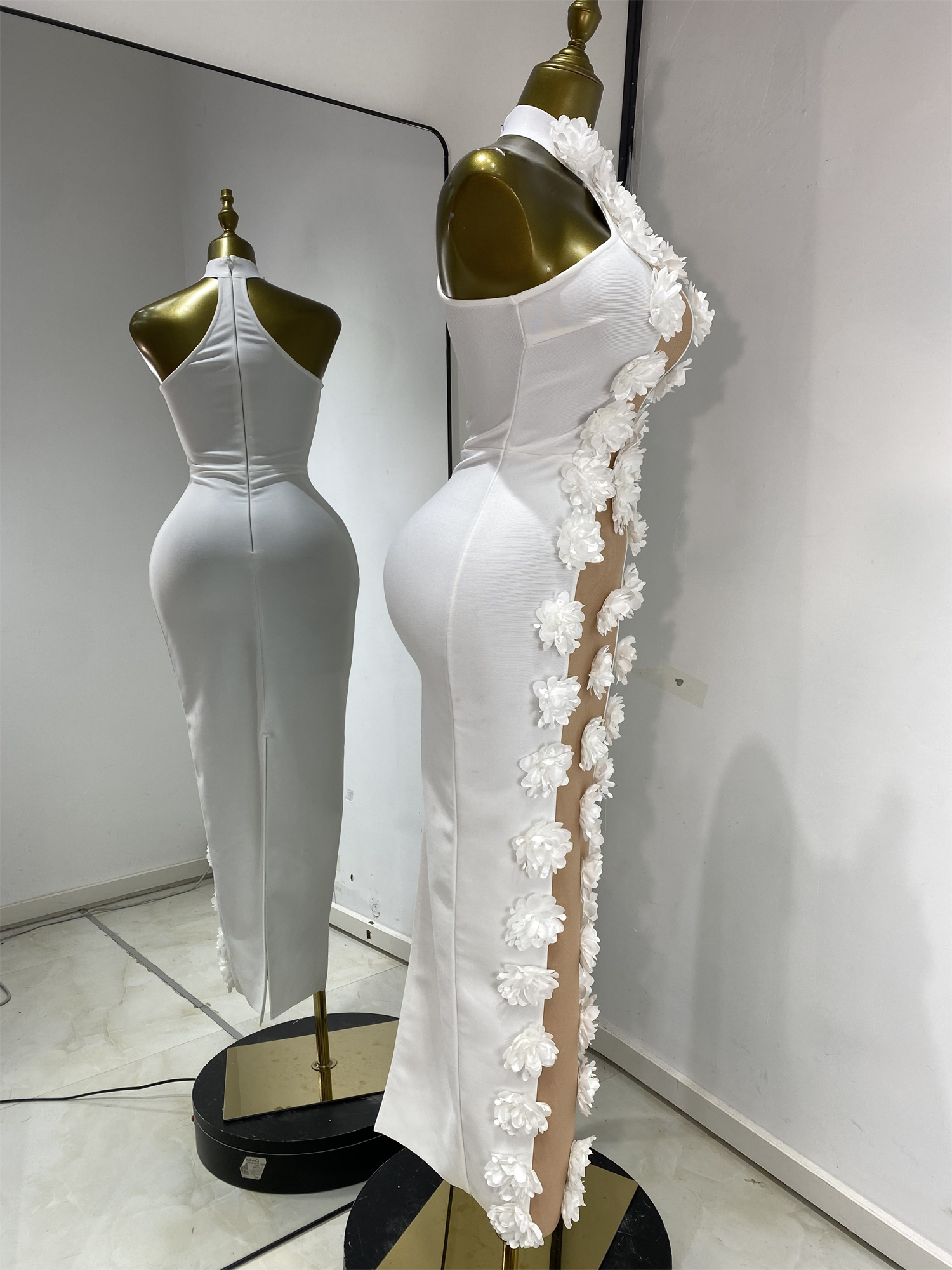 Robes bandage blanches pour femmes, élégantes, beige, patchwork, fleurs, sans manches, moulantes, longues, pour soirée, cocktail, rendez-vous