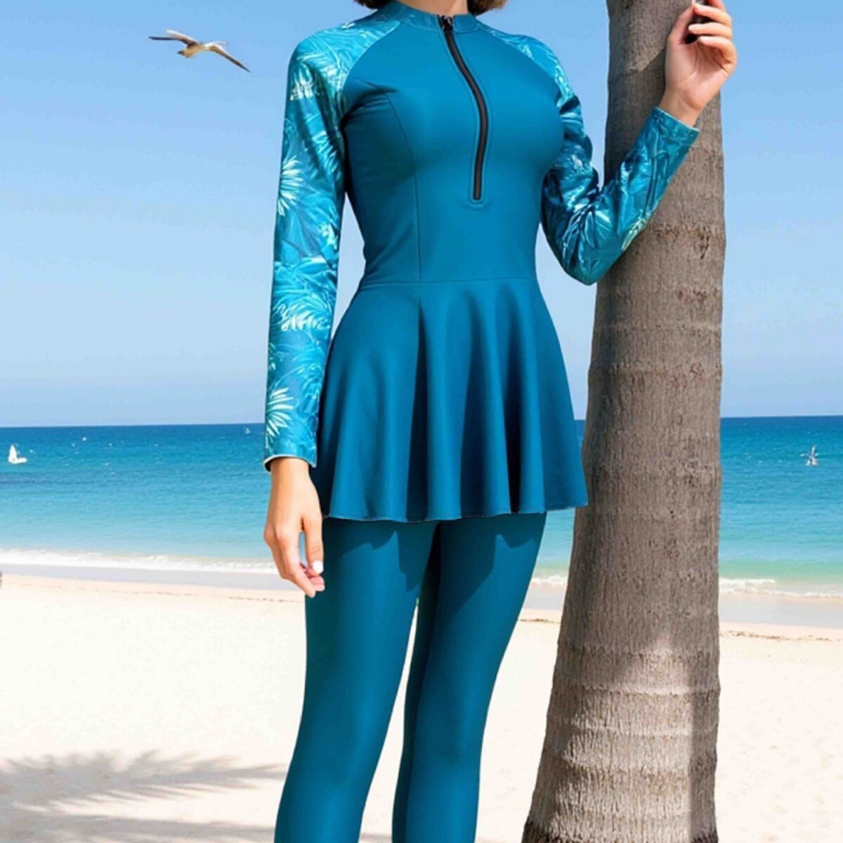 Maillot de bain musulman conservateur deux pièces avec fermeture éclair, protection solaire, manches longues, pantalon long, tissu polyester haute élasticité pour la natation