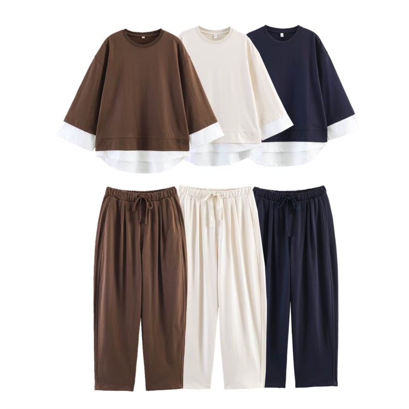 Ensemble pantalon femme été col rond manches courtes haut contrastant taille élastique pantalon sarouel à lacets décontracté mode 2 pièces