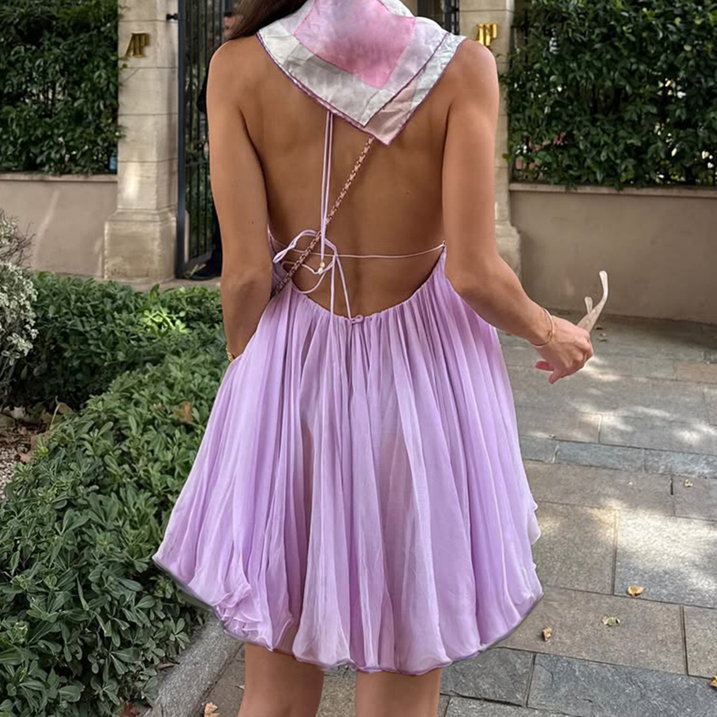 SUCHCUTE Robe d'été en mousseline de soie violette, dos nu, sans manches, élégante, sexy, col en V profond, coupe trapèze, mini-robe, tenue de plage pour les vacances d'été