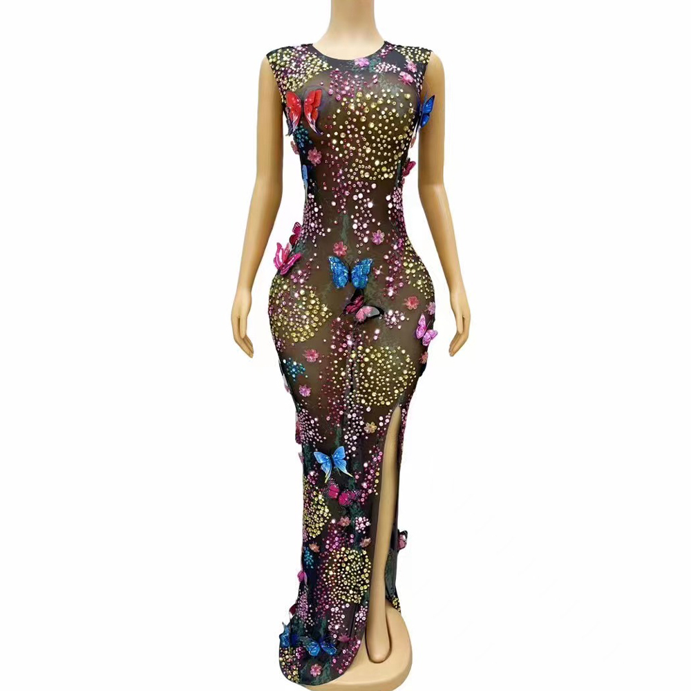 Robe de soirée d'anniversaire pour femmes, tapis rouge, Costume de séance photo, Sexy, scène brillante, strass colorés, papillons, maille