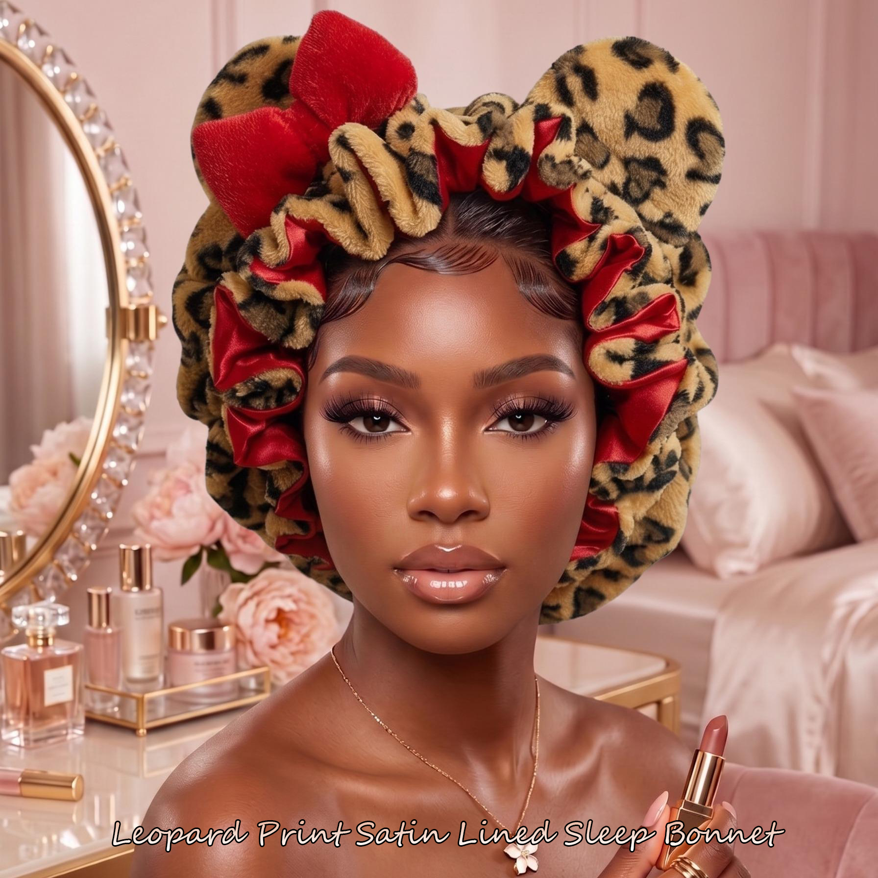 Bonnet de nuit en peluche imprimé léopard avec grand nœud, doublure en satin, doux et moelleux, ajustable avec oreilles d'ours, pour femme
