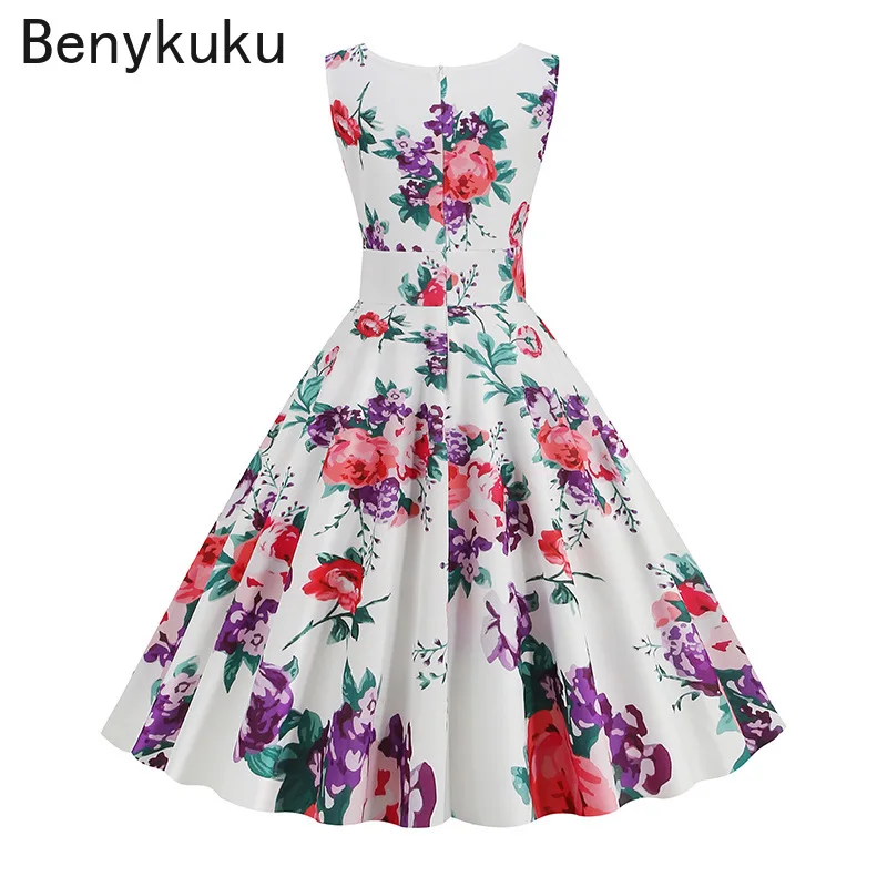 Robe d'été élégante pour femme, style Hepburn, imprimé rétro, sans manches, col en V, motif floral, coupe évasée, vintage, années 50-60, collection 2026