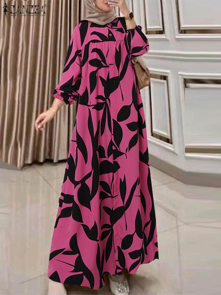 ZANZEA-Robe Maxi à Manches sulfpour Femme Musulmane, Vêtement Éducatif Islamique, Abaya Bohème, Imprimé Floral, Mode Automne 2024