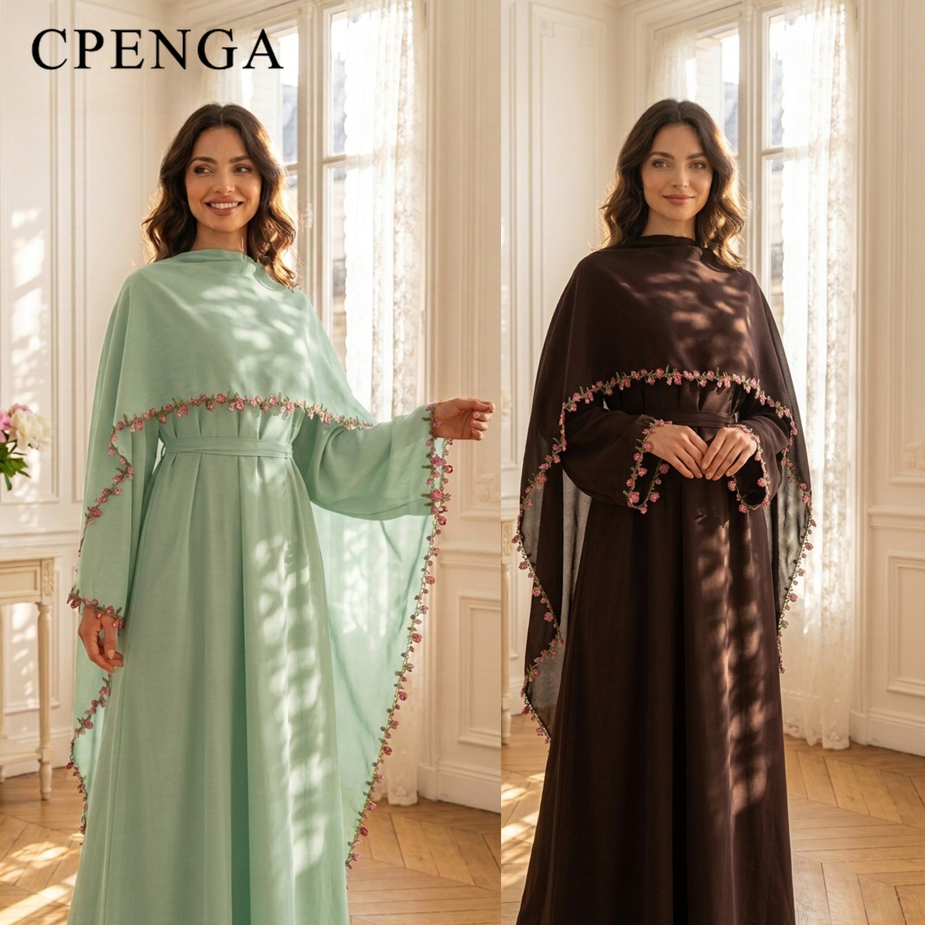 Abaya de luxe de Dubaï avec garniture florale rose et hijab, vêtements islamiques élégants et modestes en Nida pour l'Aïd 2026, nouveau caftan de fête turc pour femme