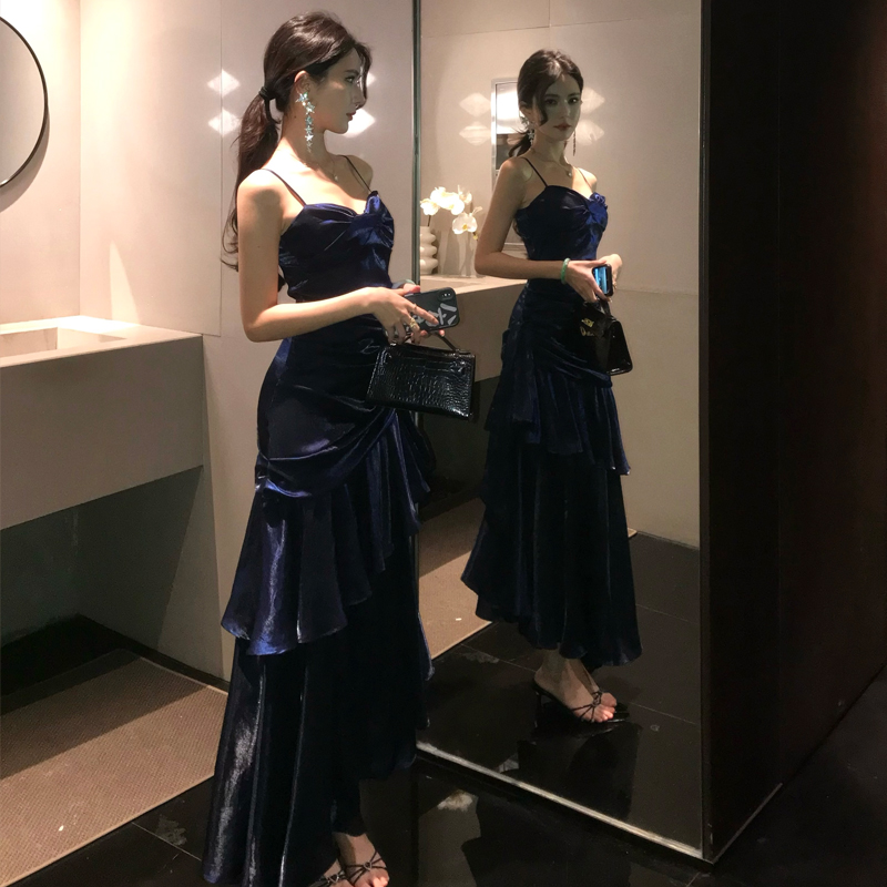 Robe longue de soirée élégante et Sexy pour femmes, tenue de soirée d'anniversaire, sans manches, bretelles Spaghetti, dos nu, style sirène, à volants, été
