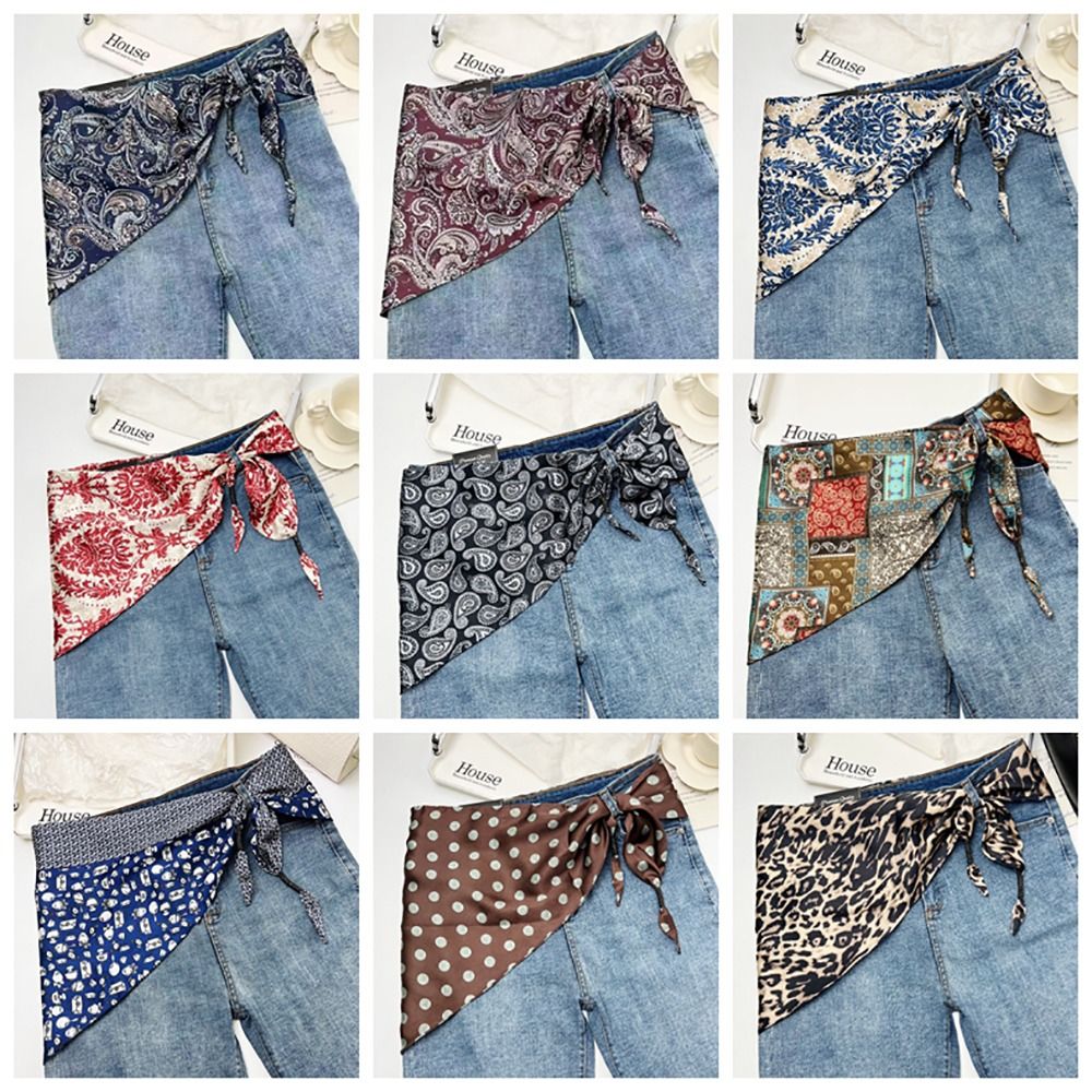 Écharpe en soie imitation cachemire à motif floral, style littéraire, accessoire polyvalent, ceinture triangulaire pour la taille, accessoire de taille pour jeans