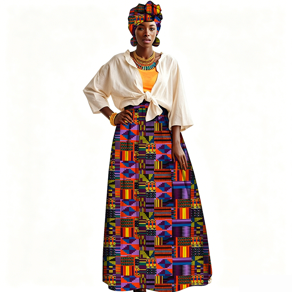 Costumes africains pour femmes, jupe longue à taille haute à imprimé géométrique ethnique bohème, avec foulard et boucles d'oreilles, jupe décontractée tribale