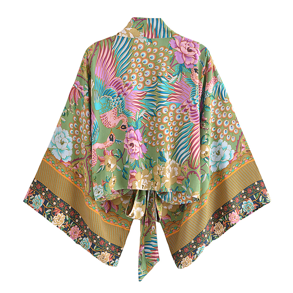 Boho Queens femmes paon imprimé fleuri tenues courte Kimono Robe bohème costumes pantalons à jambes larges 2 pièces rayonne Boho ensembles maillot de bain