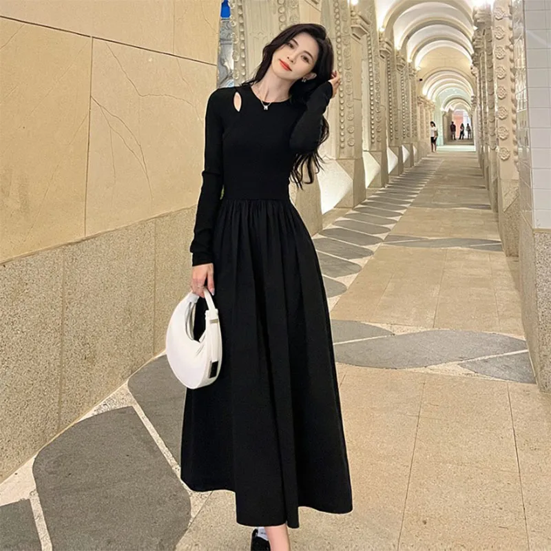 Fanan 2024 nouvelle robe trapèze à manches longues col rond mode Streetwear robes dame Style coréen évider robes longues noires femmes