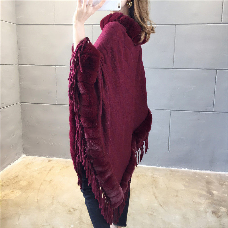 Manteau en fausse fourrure de lapin pour femme, pull à col en laine, châle chaud, Poncho, Capes grises, automne et hiver