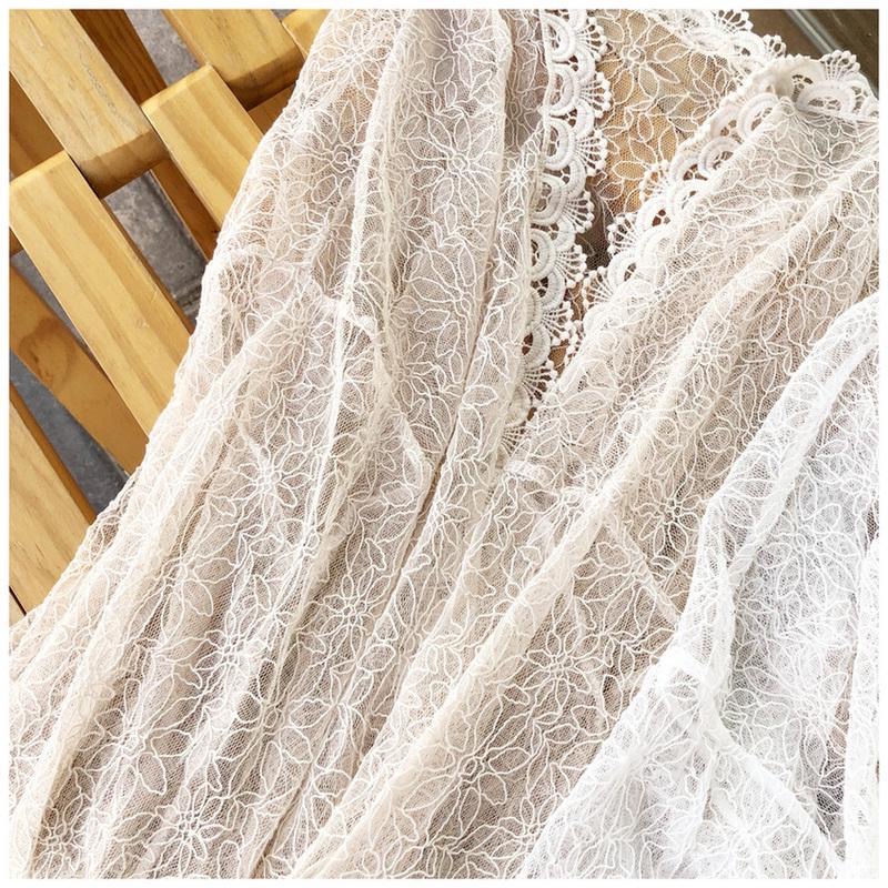 Chemise Kimono longue en dentelle pour femmes, style Boho, ajouré, manches longues, Beige, blanc, Cardigan ouvert sur le devant, veste de plage au Crochet, été