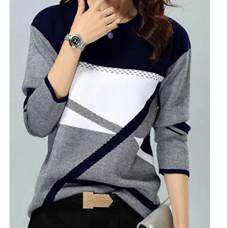 Femmes automne hiver Blouses t-shirt contraste géométrique à manches longues imprimé lâche femmes chemises printemps automne élégant montre de sport