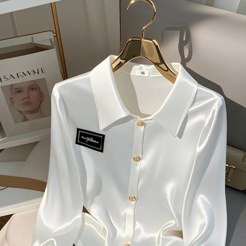 Chemisier en soie glacée blanc à manches longues, nouvelle collection 2026, haut tendance haut de gamme pour femme, été-automne