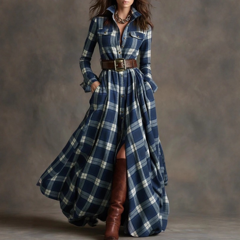 Robe longue à manches longues pour femme, grande taille, style rétro français, à carreaux, coupe irrégulière, nouvelle collection, idéale pour les soirées