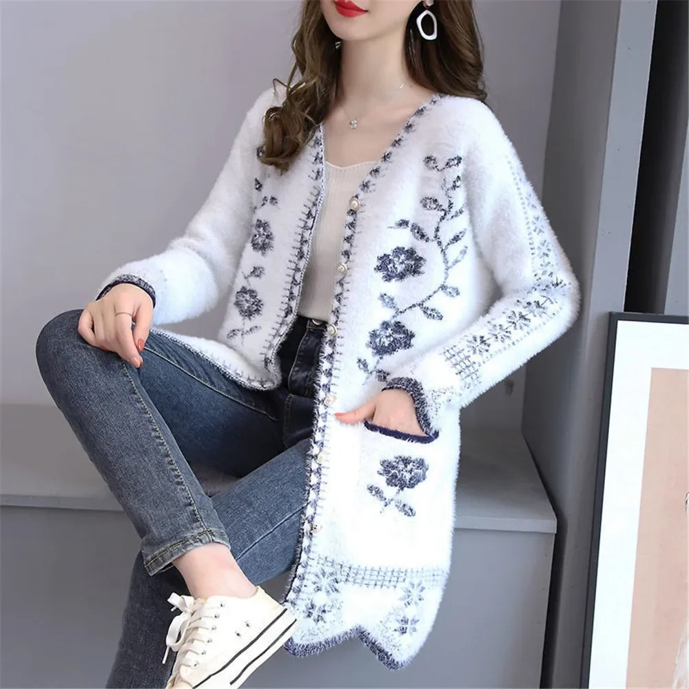 Cardigan en maille ample et très extensible pour femme, nouvelle collection printemps coréenne, motif floral, pull à manches longues, vêtements