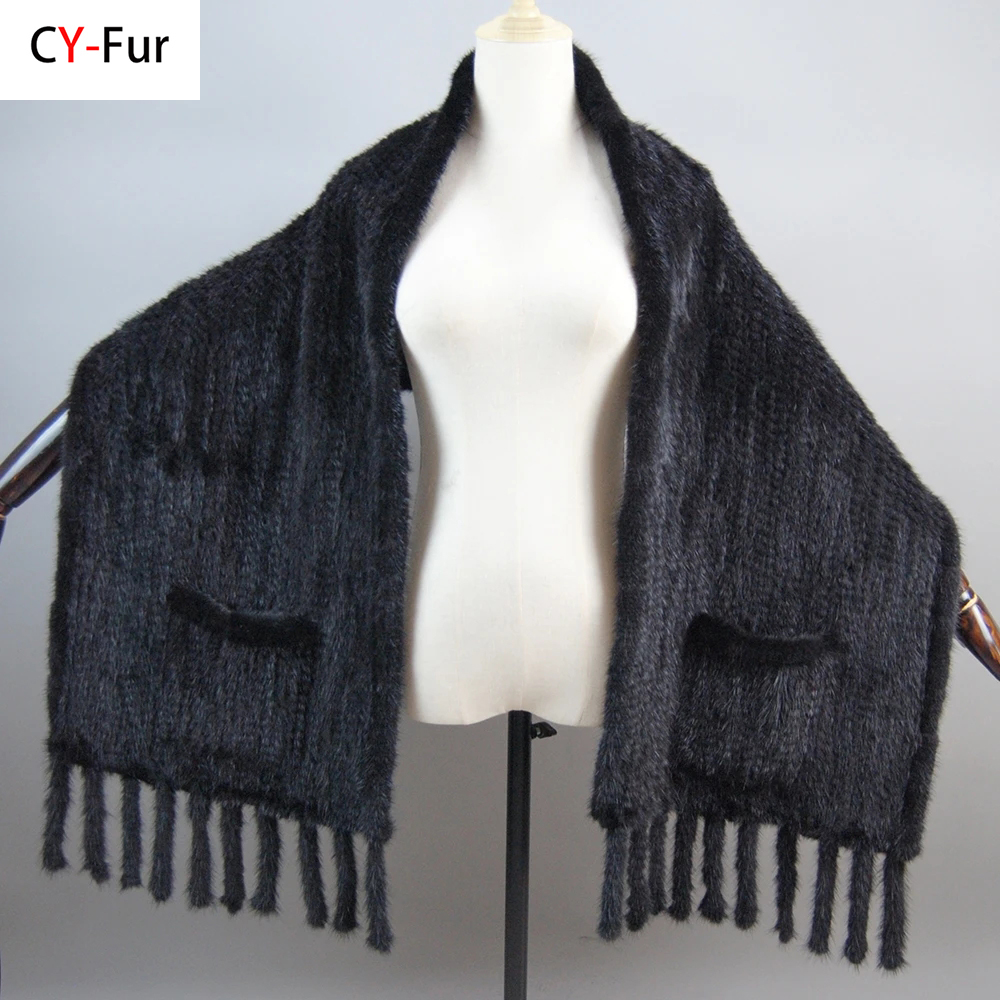Dame hiver chaud naturel fourrure de vison Pashmina écharpe femmes tricot 180x35 cm vraie fourrure de vison chaîne foulards femme vison fourrure Poncho silencieux