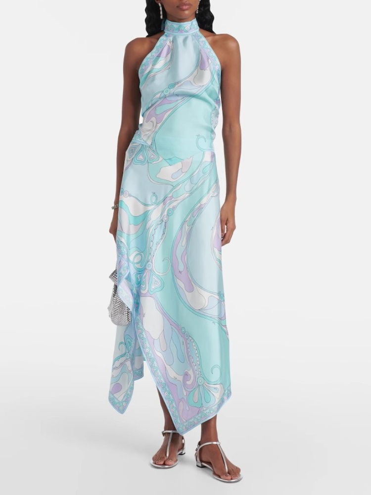 Jupe en Satin élégante pour femmes, ensemble deux pièces imprimé, col suspendu, haut irrégulier, demi-corps, nouvelle mode d'été