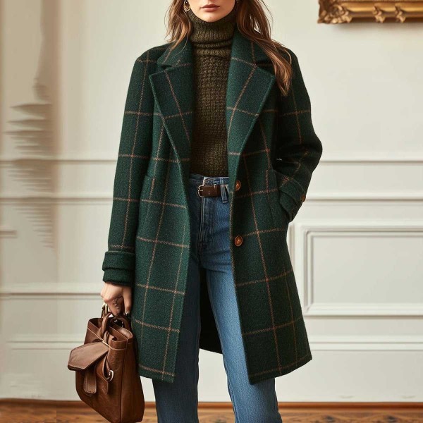 Manteau en laine pour femme 2026, style rétro à carreaux, décontracté et élégant, mi-long, avec revers, vêtements pour femme