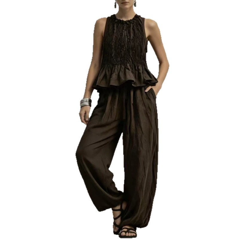 Ensemble décontracté d'été pour femme : Haut plissé smocké sans manches style rétro et pantalon large à volants, 2 pièces vintage
