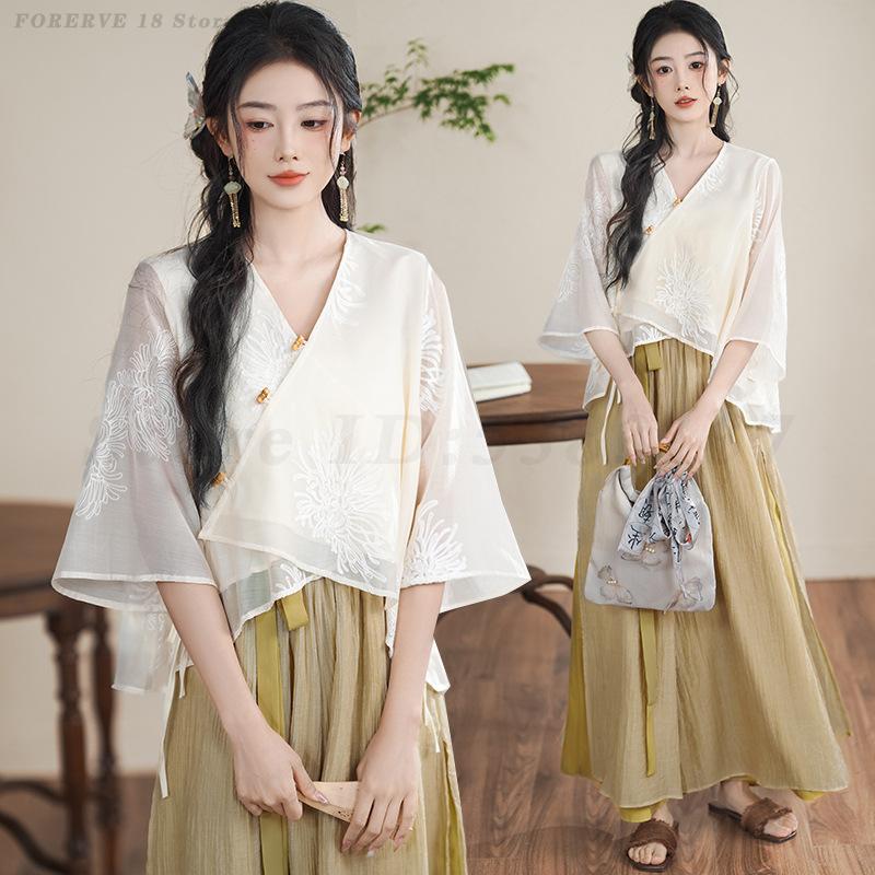 Vêtements de style ethnique chinois pour femmes, olympiques élégants, ensemble de thé du Vermont, chemise à manches courtes, Hanfu traditionnel vintage, printemps et été