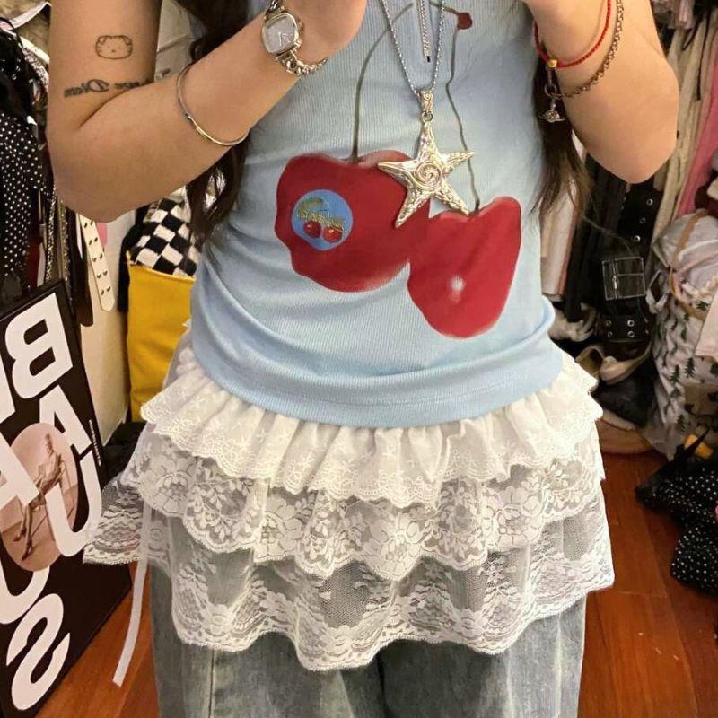 INS Lolita jupe courte Y2k blanc à volants une pièce ceinturée superposition dentelle jupe à lacets empilée jupe portefeuille jupe décorative superposée