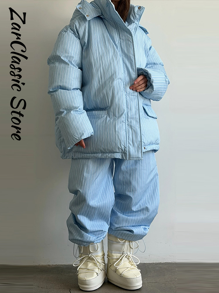 Ensemble décontracté pour femme : Manteau rembourré en coton à rayures, veste à capuche zippée à manches longues et pantalon à taille élastique – Collection Hiver 2026
