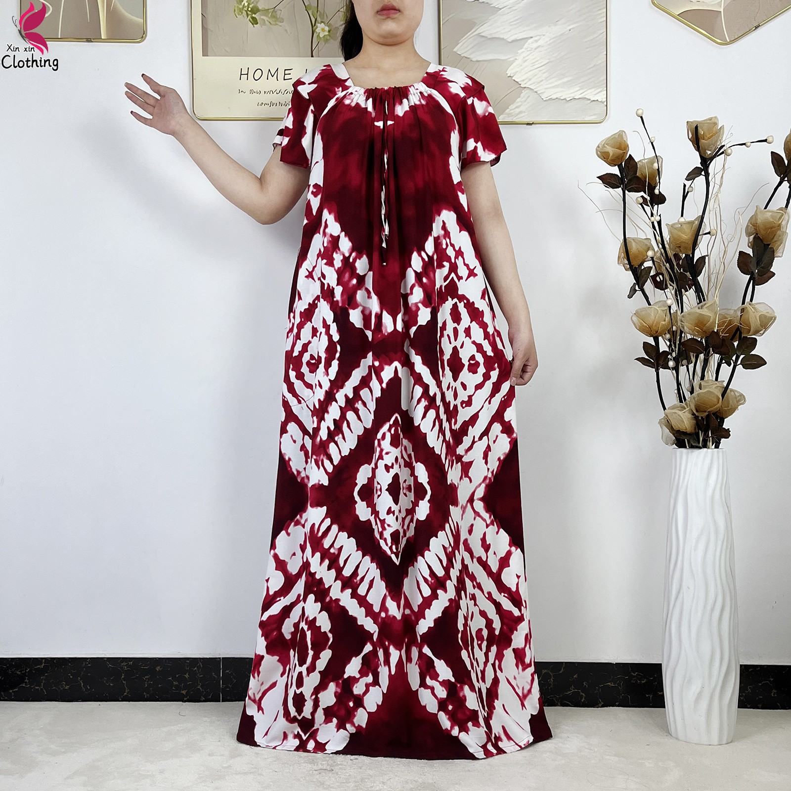 Nouvelle Robe Musulmane Élégante Tie-dye Col Bateau Manches Courtes Coton Femme Abaya Bohème Maxi Robe Décontractée Vêtement Africain Abaya