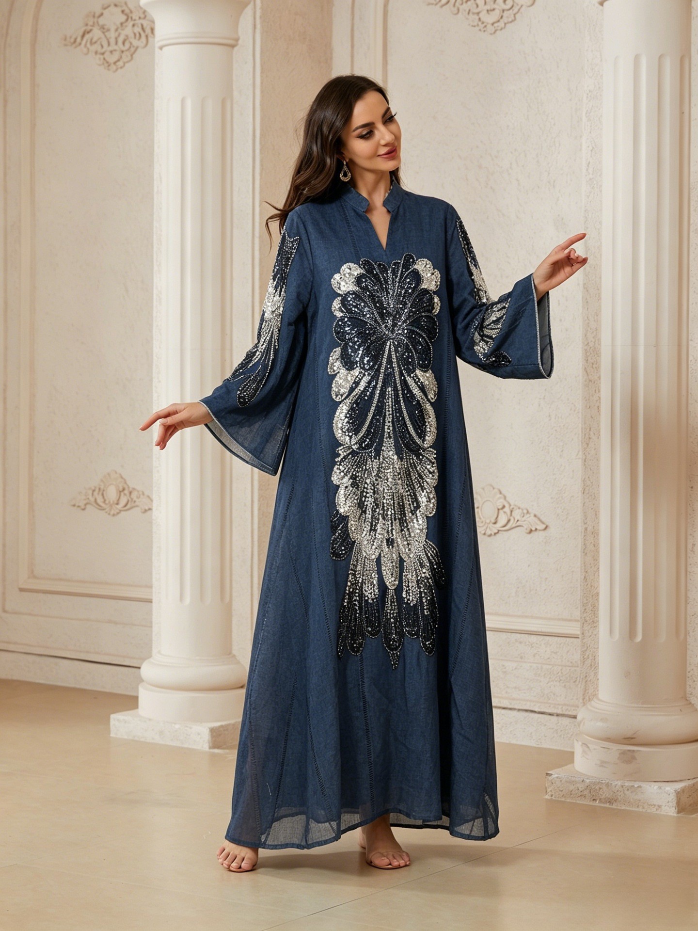 Robe de soirée élégante pour femmes musulmanes du Moyen-Orient, style Ramadan, ornée de perles, col en V, coupe ample et amincissante, luxe léger.