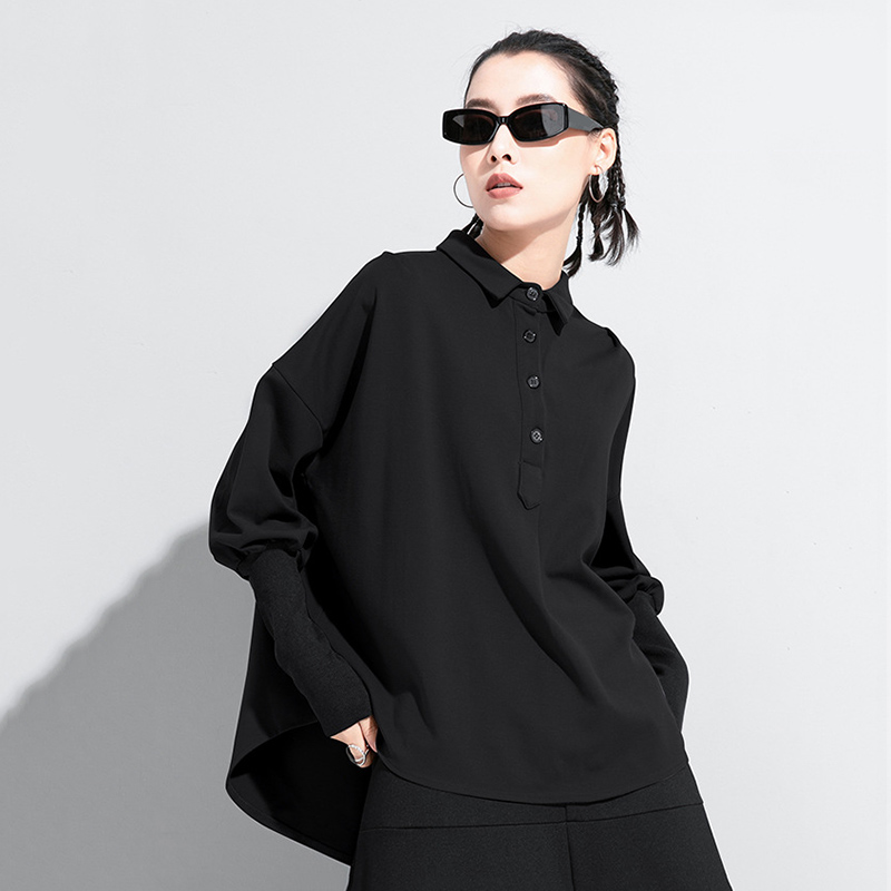 T-shirt noir à manches longues et col à revers pour femme, coupe ample, style décontracté vintage, hauts tendance, vêtements de mode printemps automne 2026
