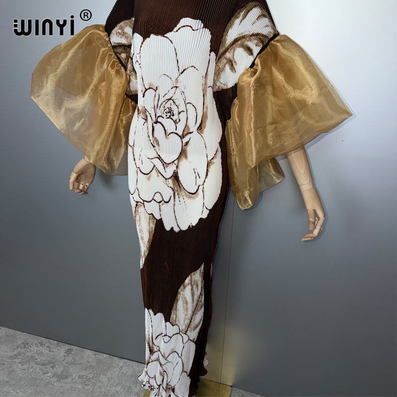 Robe plissée à manches bouffantes WINYI, robe de plage, kaftan bohème, abaya, robe de soirée de luxe Dubaï, robe longue pour femme musulmane