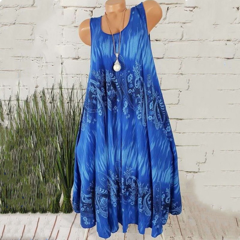 Robes pour femmes 2026 – Nouvelle collection été : Robes mi-mollet sans manches à imprimé floral numérique – Vêtements féminins
