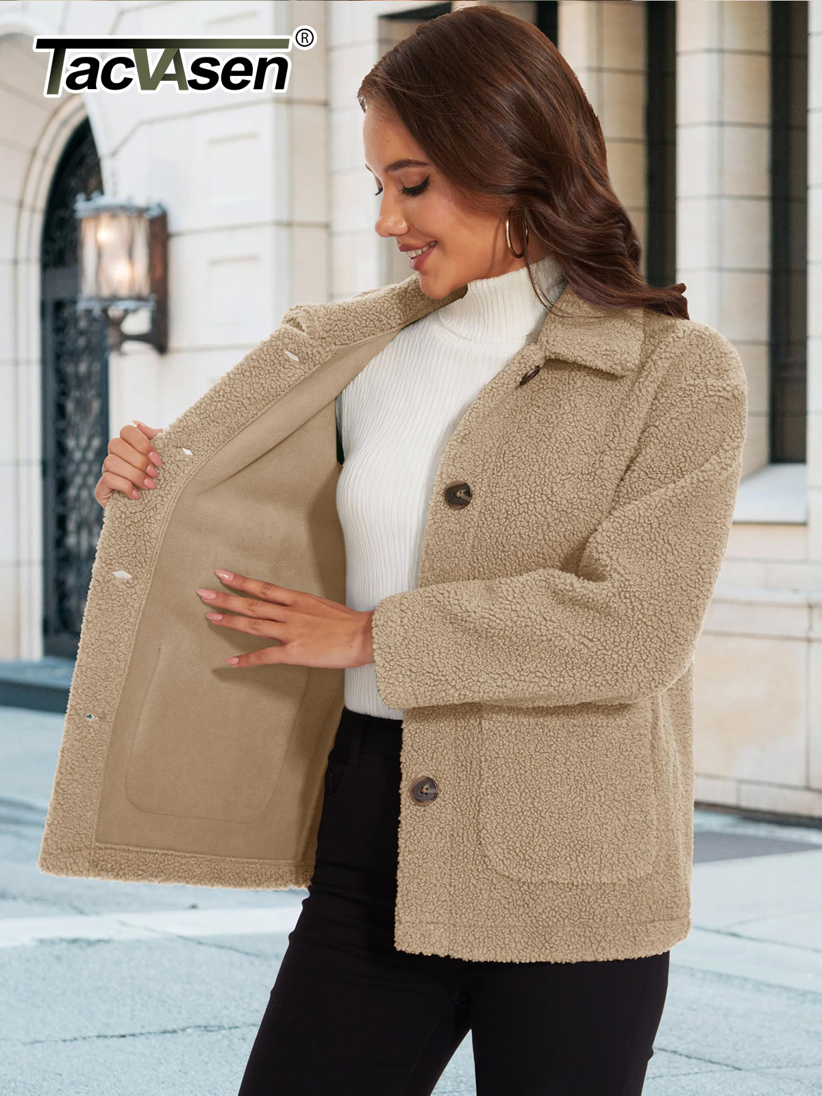 TACVASEN Hiver Sherpa Polaire 4 Boutons Veste Femme Doudoune Thermique Taillée Léger Vêtements Extérieurs 2 Poches Hauts