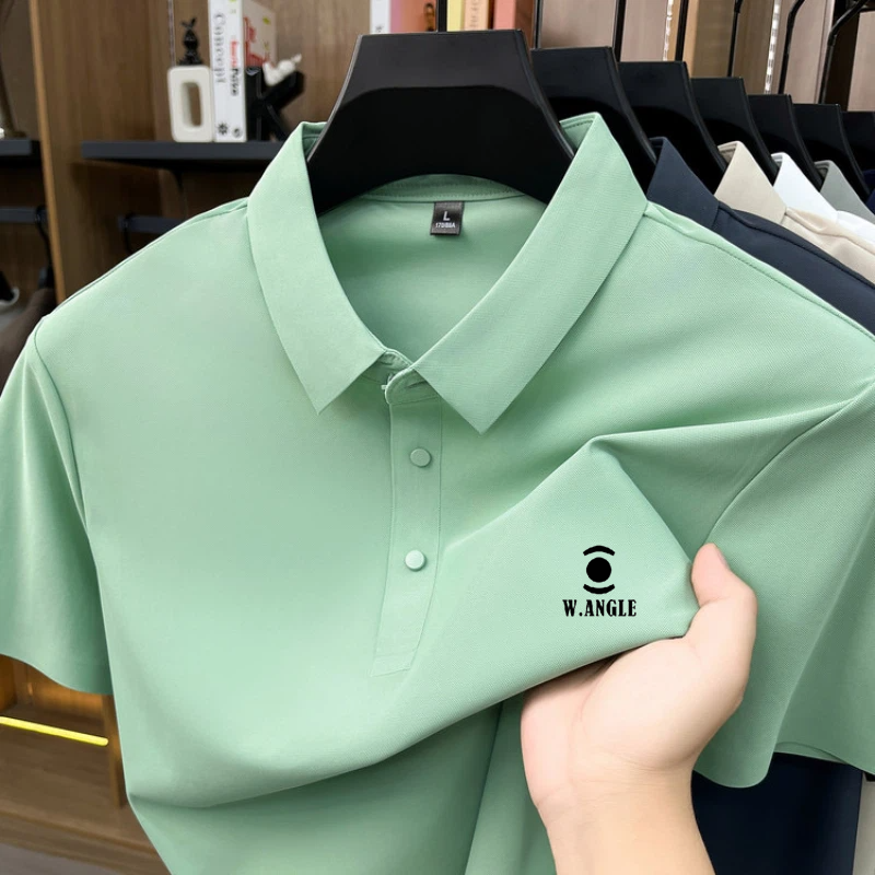 Polo en soie glacée de haute qualité à manches courtes pour homme – T-shirt décontracté uni, confortable et respirant pour l'été – Marque de mode