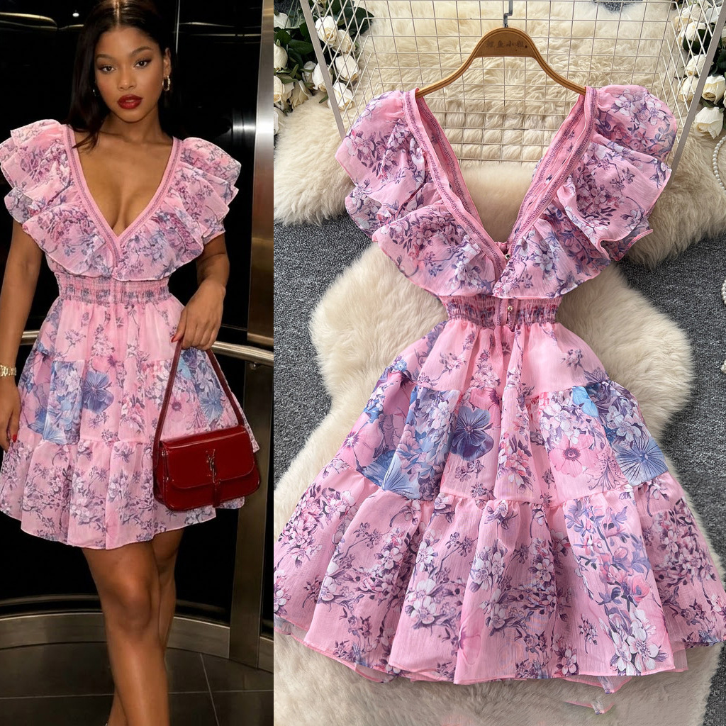 Robe Courte Femme Coupe Trapèze Y2K Streetwear Col V Sans Manches Imprimé Floral Élégante Volants Soirée Travail 2026